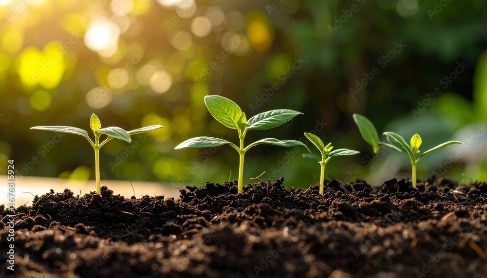 Fototapeta premium Young plants emerge from fertile soil, symbolizing new beginnings and the promise of growth