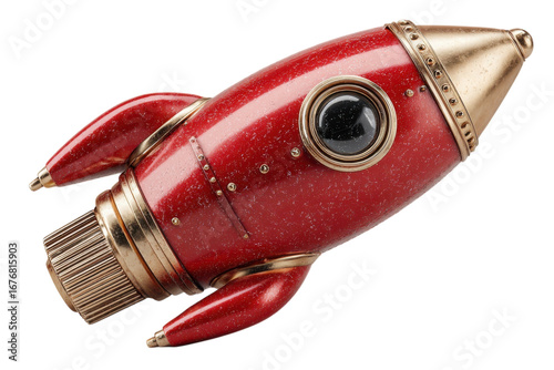 Red and gold vintage rocket ship on transparent background