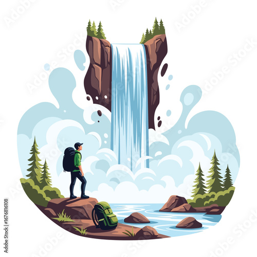 Adventure Seeker: A solo hiker stands captivated before a majestic waterfall cascading from a cliff, embodying the spirit of exploration and the raw beauty of the natural world.