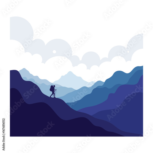 The Explorer's Ascent: Silhouette of a lone hiker conquers a mountain range, set against a dreamlike backdrop of blue hues, symbolizing perseverance and a love for the vast outdoors.