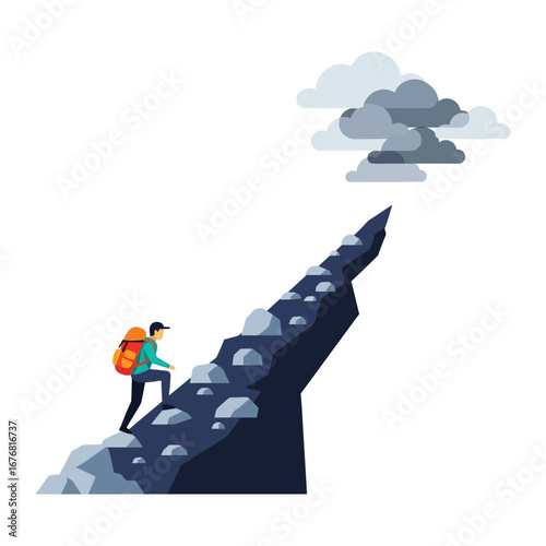 The Mountain Climber's Ascent: An illustration of a determined individual conquering challenges, ascending a rocky peak towards a cloudy sky, symbolizing perseverance and achievement.