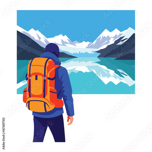 Adventure's Gaze: A solo traveler stands captivated by a serene alpine vista, gazing out at snow-capped peaks and glacial lakes, a true testament to nature's magnificence. 
