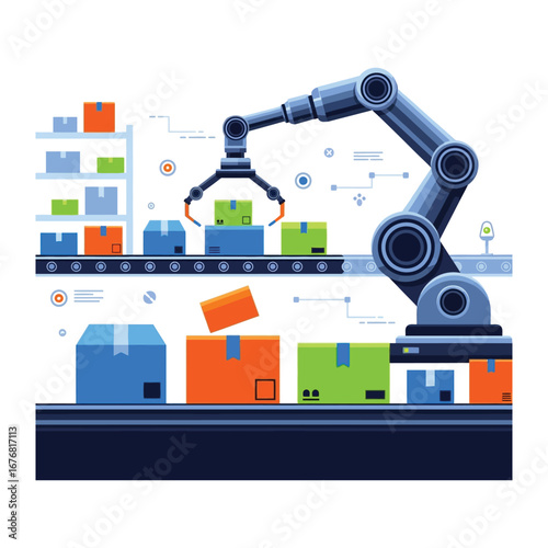 Automated Assembly Line: An illustration showcasing a robotic arm meticulously placing boxes on a conveyor belt within a modern factory setting, representing efficiency and automated processes.