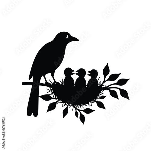 Black silhouette of a bird feeding chicks in a nest