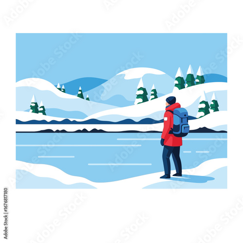 Winter Explorer's Journey: A lone figure in winter attire stands at the edge of a frozen lake, contemplating the vast snow-covered landscape, embodying the spirit of adventure and serene exploration.