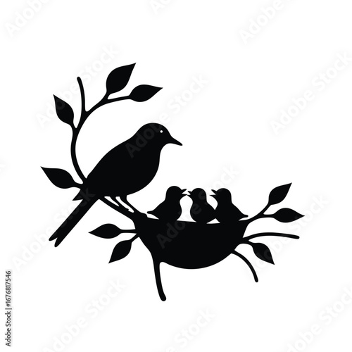 Black silhouette of bird feeding chicks in nest on branch 1