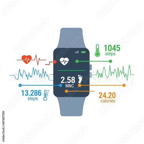 Smartwatch Health Tracking: A minimalist flat illustration showcasing a modern smartwatch displaying vital health data, symbolizing fitness, wellness, and health monitoring.