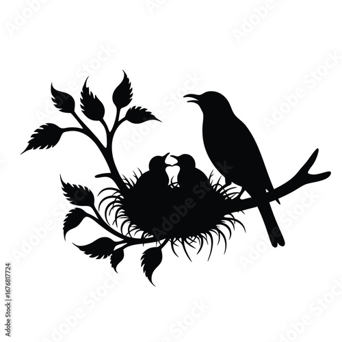 Black silhouette of bird feeding chicks in nest on branch