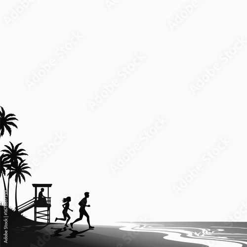 Couple running on beach near lifeguard tower palm trees