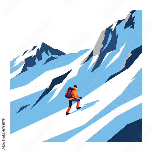 Ascending Peaks: A lone adventurer ascends a snow-covered mountain, a symbol of human tenacity and the pursuit of accomplishment.  