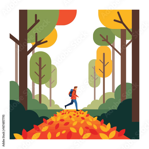 Autumn Trailblazer: A lone explorer ventures along a trail blanketed with vibrant autumn foliage, through a stylized woodland path, capturing the essence of the season.
