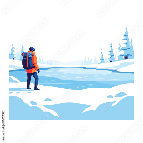 Winter Explorer's Serenity: A solitary adventurer stands before a vast, icy expanse, enveloped by the stillness of a winter wonderland. A moment of pure contemplation in a remote and tranquil setting.