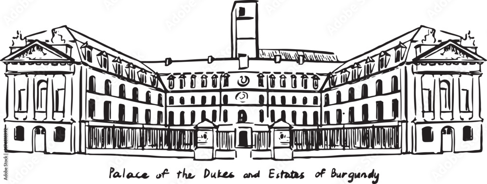 Fototapeta premium Detailed ink sketch of the Palace of the Dukes and Estates of Burgundy in Dijon, France, historic landmark with classical facade, windows, columns, and heritage architecture in black and white.