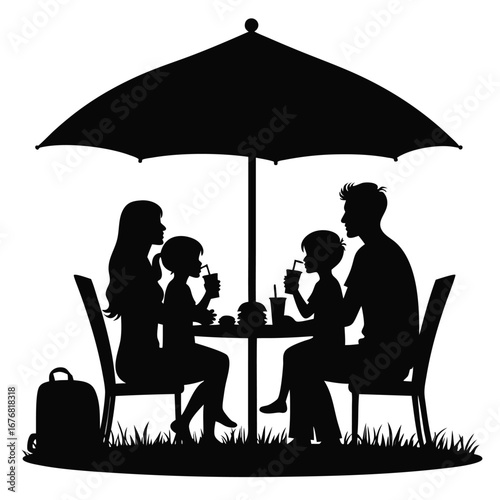 Family eating burgers under umbrella silhouette drinks
