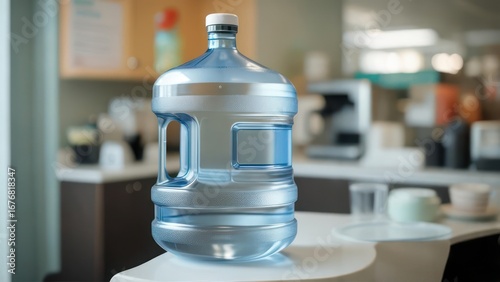 Large clear plastic water jug on counter