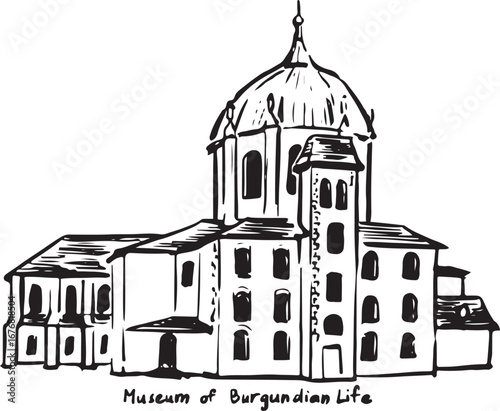 Ink illustration of Museum of Burgundian Life in Dijon, France, with dome and classical building facade, cultural heritage landmark captured in detailed black and white hand drawn style.