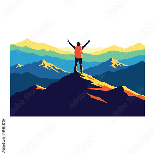 Peak Triumph: A silhouette of an individual stands atop a majestic mountain peak, arms outstretched in victorious celebration, with the majestic backdrop of towering peaks and picturesque landscapes.
