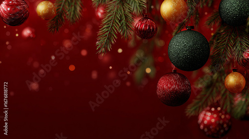 Christmas tree and festive ornaments with red background, golden lights, and holiday decorations creating a warm seasonal atmosphere