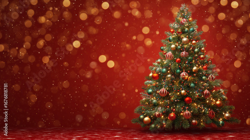 Christmas tree and festive ornaments with red background, golden lights, and holiday decorations creating a warm seasonal atmosphere