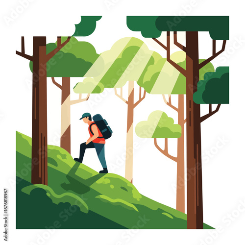 Trailblazer: A lone hiker ascends a verdant hillside, trekking through a dense forest, seeking the exhilaration of exploration and self-discovery amidst the vibrant nature. 