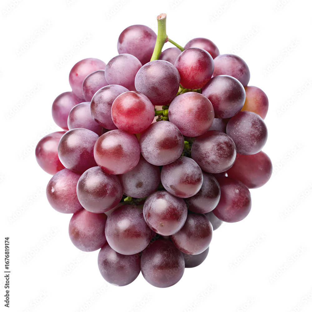 Fototapeta premium A bunch of ripe red grapes with a green stem, showcasing plump, deep purple berries, isolated on a transparent background, ideal for healthy eating and wine concepts