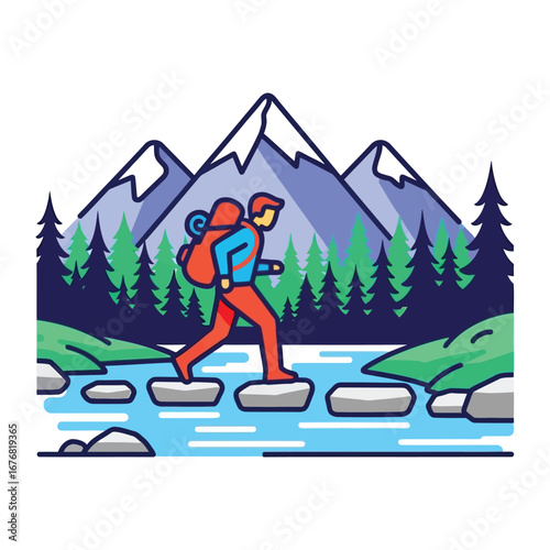 Adventure's Path: A determined hiker makes their way across a mountain stream, symbolizing the pursuit of challenges and the thrill of exploration.