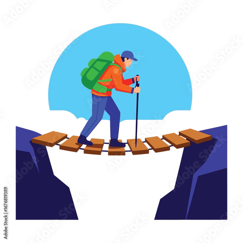 Adventurous Trekker: A lone trekker navigates a challenging bridge over a vast chasm, symbolizing resilience and adventure, under a vibrant sky. 