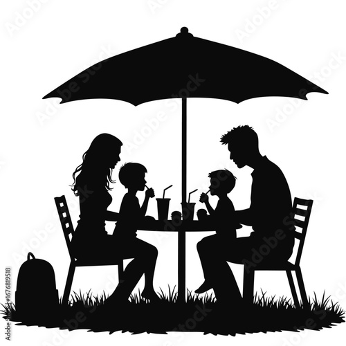 Family enjoying drinks under an umbrella silhouette
