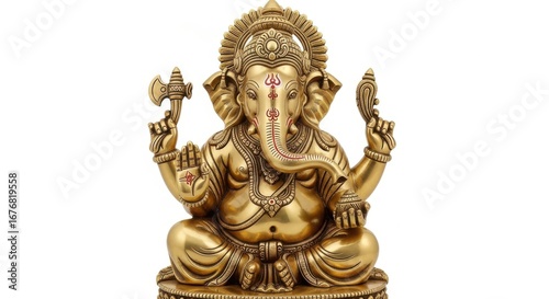 Golden statue of the hindu god ganesha isolated on white background