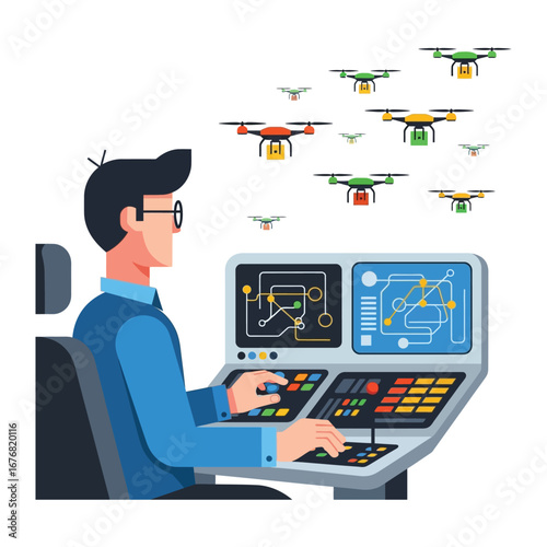 Drone Operator at Command: An illustration of a drone operator, skillfully navigating a fleet of unmanned aerial vehicles, controlling technology