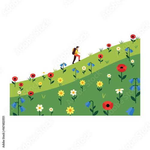 Trek in the Floral Valley: A lone hiker embarks on a journey up a vibrant hill adorned with wildflowers, his determined stride symbolizing the path of growth and exploration.