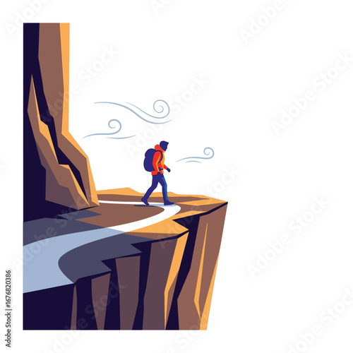 The Adventurer's Journey: An illustrated depiction of a lone adventurer traversing a mountain cliff, a symbol of resilience and the call of exploration, the journey's path framed by nature's own art.
