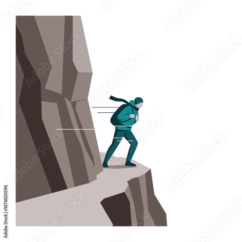 Endurance on the Edge: A lone figure navigates a treacherous mountain path, personifying resilience and determination amidst the harsh natural landscape.
