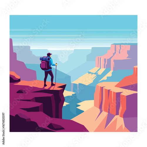 Spectacular Vista: A solitary hiker, standing on a precipice, gazes in awe at the immense geological expanse, symbolizing adventure and the profound appreciation of nature's wonders.