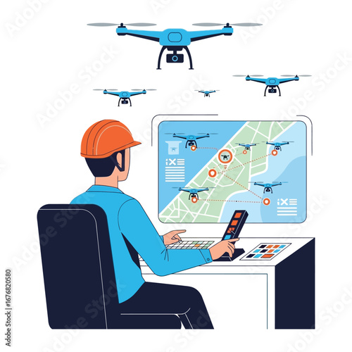 Drone Operations Center: A technician expertly pilots multiple drones using sophisticated computer technology, overseeing a network of aerial vehicles.