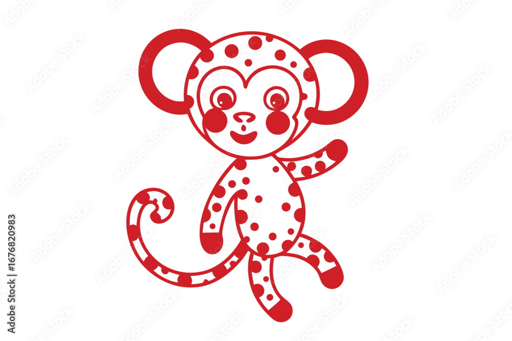 Naklejka premium Playful Cartoon Monkey with Red Spots on White Background Sweet Design