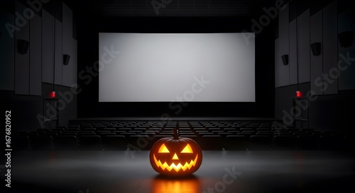 A glowing jack-o-lantern sits center stage in a dark, empty movie theater. The large screen remains blank, awaiting a spooky film. A perfect Halloween night at the cinema.