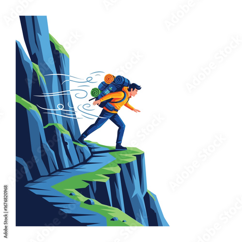 Climbing the Pinnacle of Adventure: A determined hiker, laden with a backpack, navigates a precarious mountain path, the winds of challenge and perseverance blowing around.