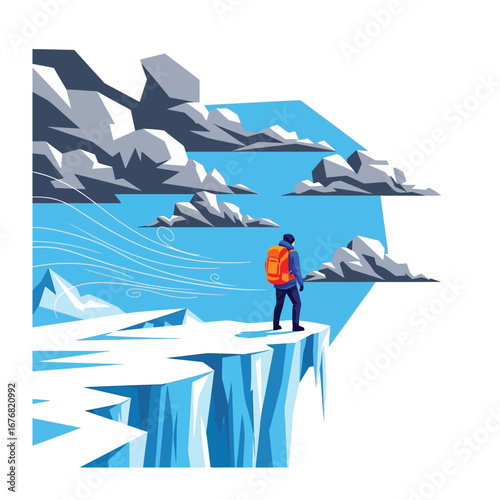 Journey's Edge: A solitary adventurer, backpack in tow, stands at the precipice, gazing out at the vast horizon with a blend of awe and introspection.