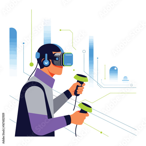 Virtual Exploration: A man immersed in a virtual reality experience, navigating a digital world with VR headset and controllers, symbolizing the forefront of technology.