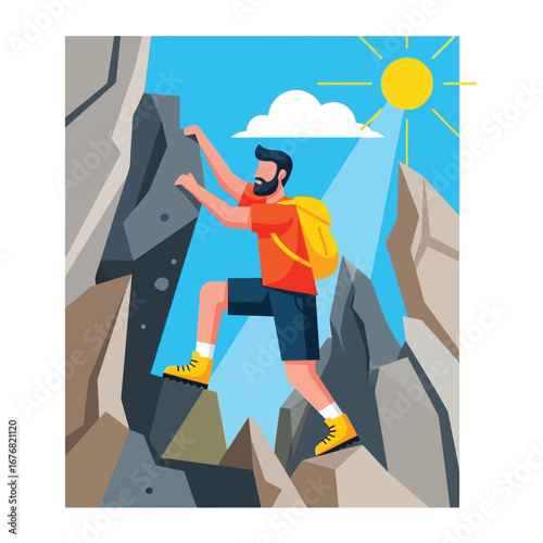 Mountain Climber's Ascend: A determined climber fearlessly scaling a rugged mountain face under a radiant sun, symbolizing perseverance and adventure.