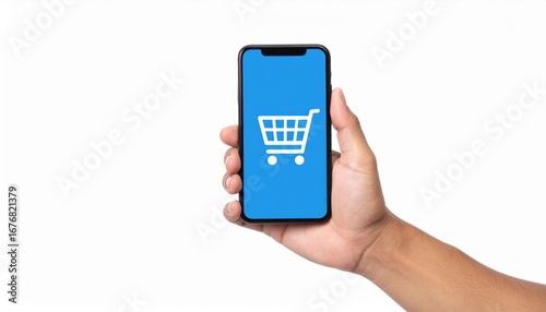 Wallpaper Mural A person hand holding a smartphone with shopping cart icon, concept of online shopping. Torontodigital.ca