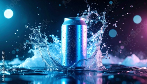 Futuristic concept of an energy beverage can frozen in motion with a dynamic splash of neon-lit liquid