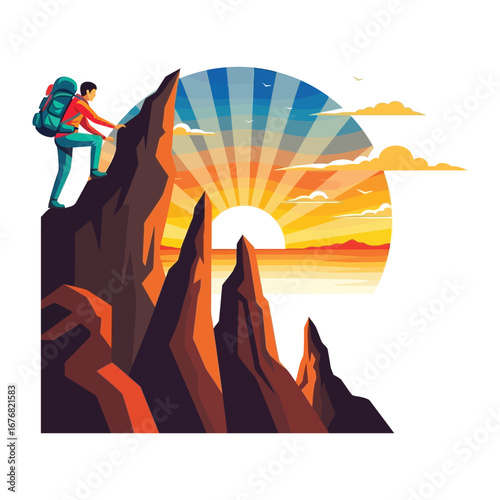 Ascending Heights: Witness the spirit of adventure as a climber tackles a steep cliff face, reaching for the summit with unwavering determination against the majestic backdrop of a radiant sunrise.