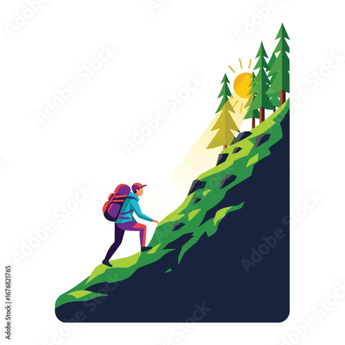 Trailblazer's Ascent: A lone hiker conquers a steep, verdant hillside, symbolizing determination and the pursuit of goals, as the sun shines down.