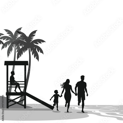 Family running on beach near lifeguard tower and palm trees