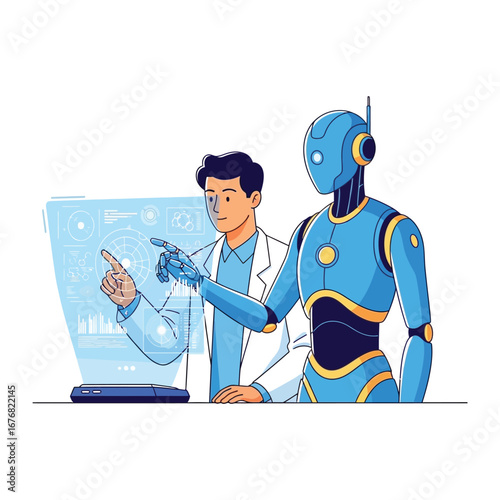 Human-Robot Collaboration: A scientist is engaging with a humanoid robot, represented the pinnacle of technology, as he analyzes data from a futuristic holographic interface.