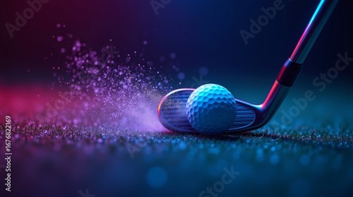 Golf club hitting ball with colorful particles golf ball