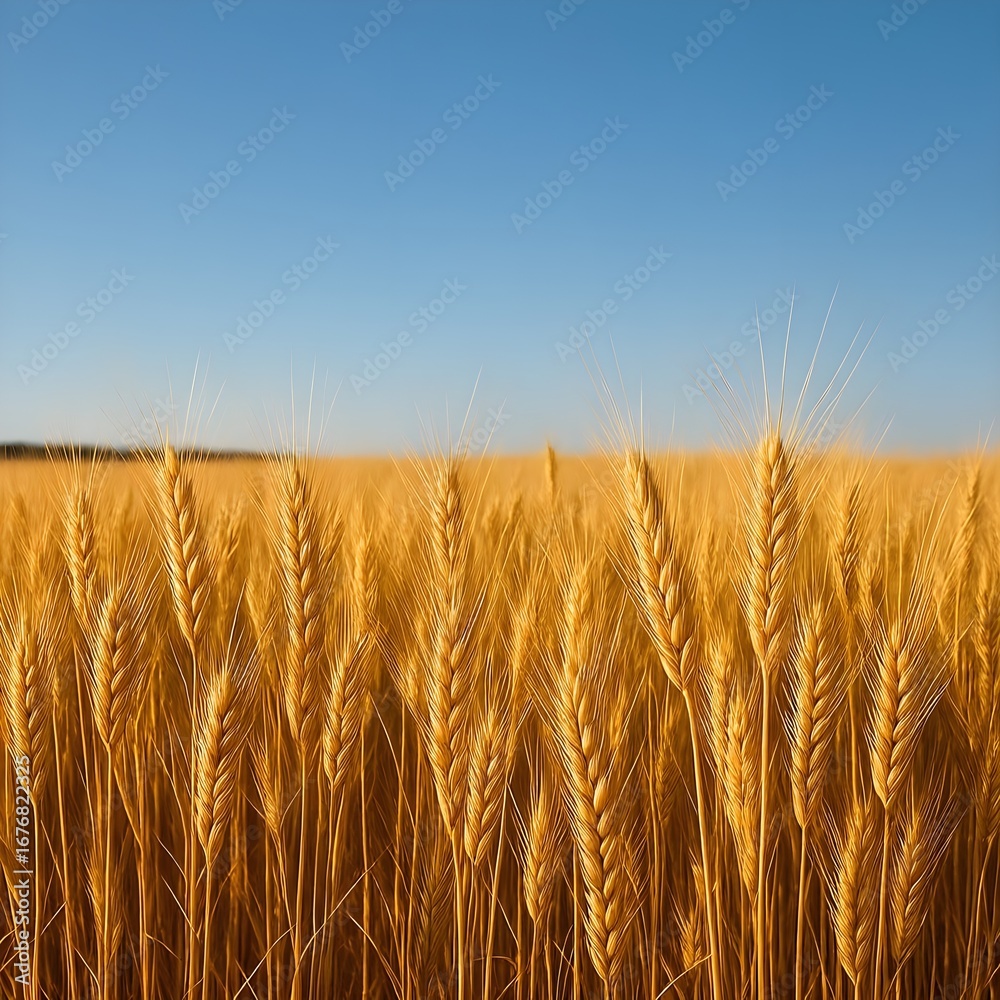 Obraz premium 4K ultra-realistic image of ripe golden wheat field under clear blue sky, sharp focus on wheat stalks