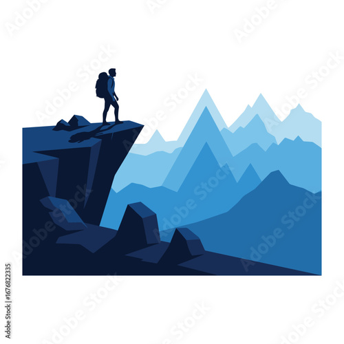 Mountain Explorer: a silhouette of an adventurer standing on a cliff's edge, backpack in tow, gazing at a panorama of majestic, layered mountains, embodying a spirit of exploration and triumph. 